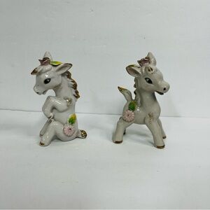 vintage mcm gold white ceramic donkeys flowers slight chip on one ear